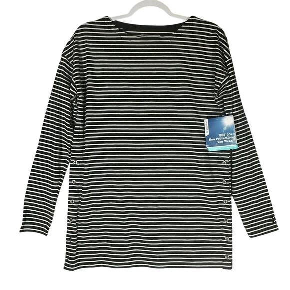 Coolibar Side Button Tunic Top Sz S Oversized Black &‎ White Stripe UPF 50+ - Picture 1 of 15